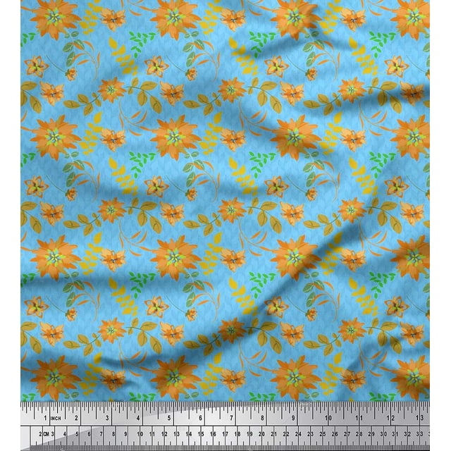 Soimoi Poly Georgette Fabric Leaves & Aster Floral Print Sewing Fabric Yard 52 Inch Wide
