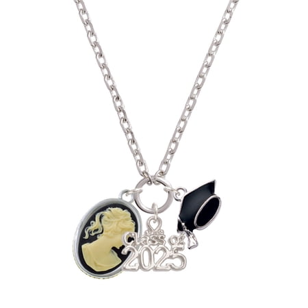 Delight Jewelry Silver-tone Small Black Oval Cameo - Silver-tone Class of 2025 Graduation Zoey Necklace, 28"