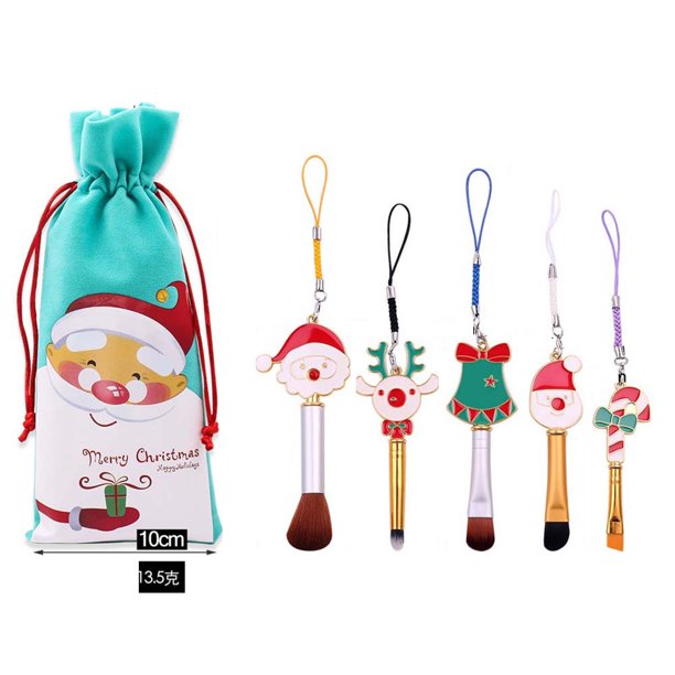 Puntoco Juego de brochas de maquillaje con cordón portátil de estilo navideño, minijuego de brochas para niños, bonito para regalos de Navidad