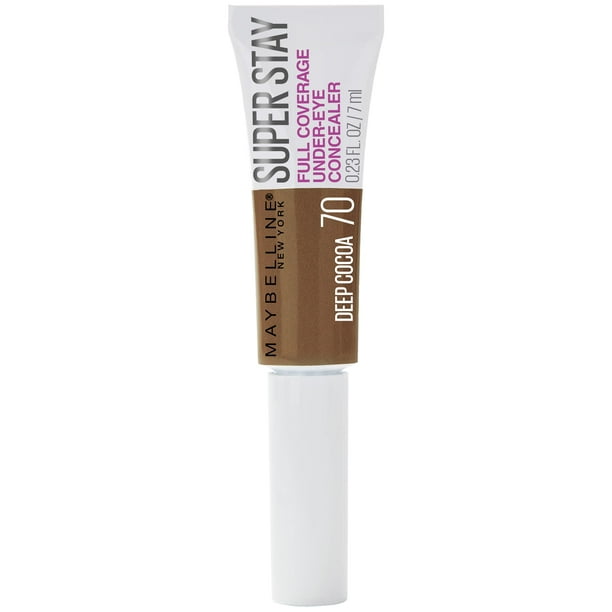 Maquillaje líquido corrector para ojeras Maybelline Super Stay Super Stay de cobertura total, iluminador y de larga duración, con aplicador de paleta, color cacao intenso, 0.23 onzas líquidas.