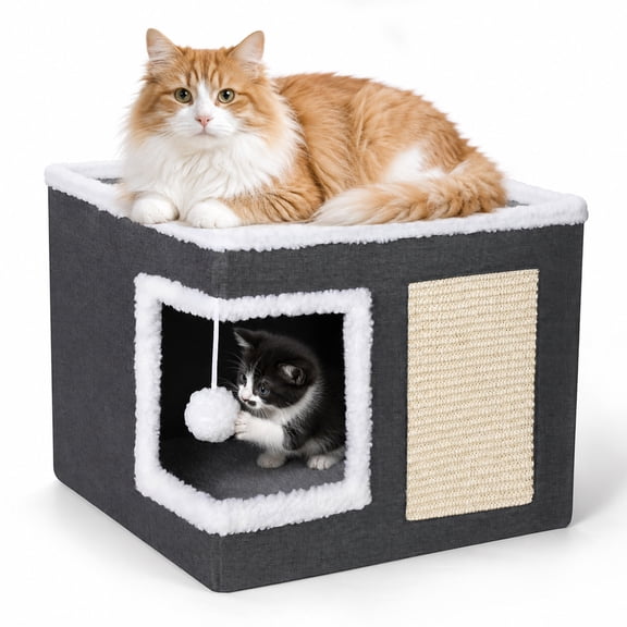 ZALALOVA Cat House for Indoor Cats Cube Bed, Covered Cat Cave & Furniture with Scratch Pad, Hideaway Den for Small Pet Large Kitten Kitty(Dark Gray)