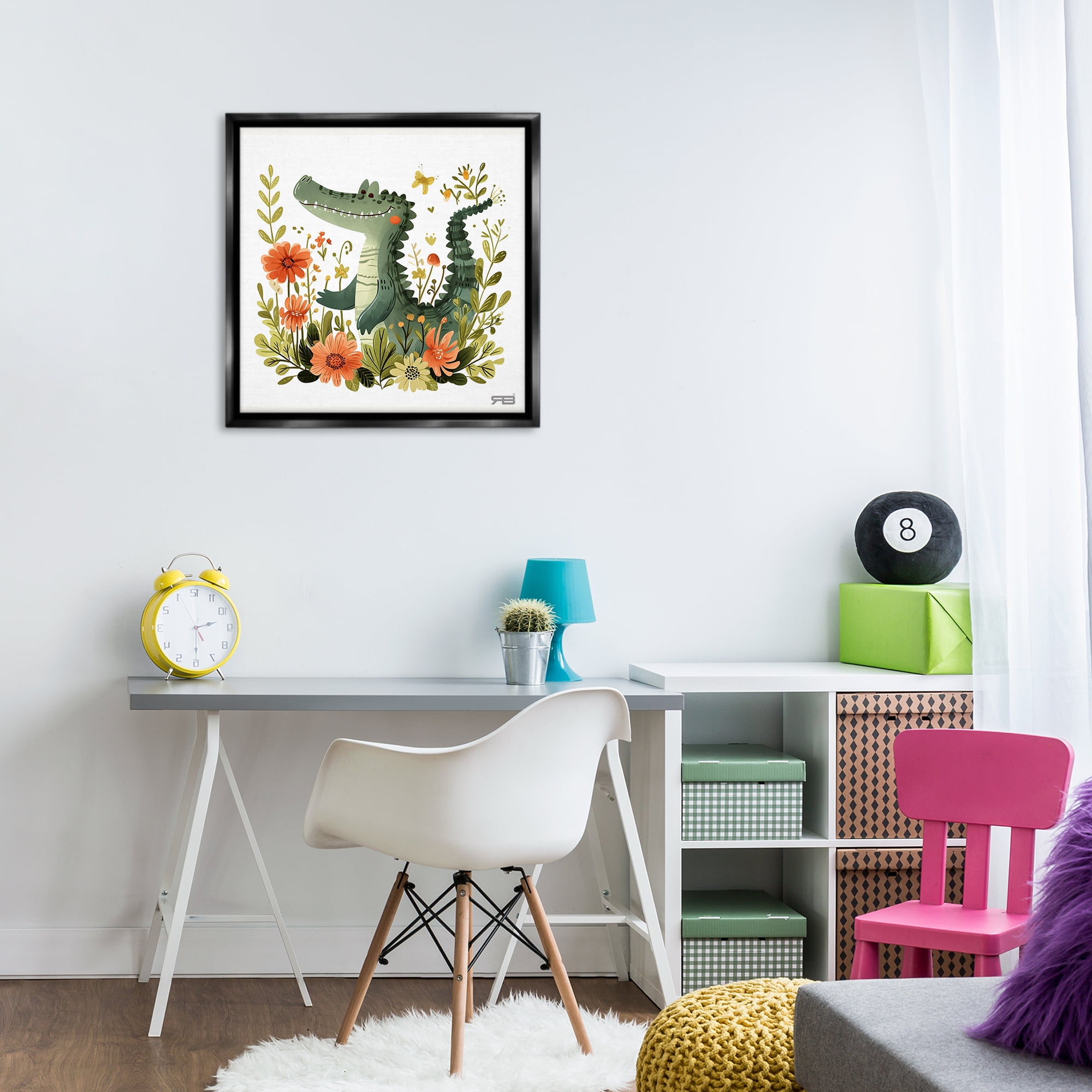 Stupell Industries Floral Happy Alligator Animals Painting Black Floater Framed Canvas Art Print Wall Art, 25 x 25