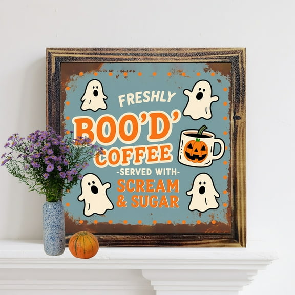 Vintage Halloween Coffee Wood Frame Wall Decoration Canvas Print Solid Wood Frame Canvas Art Painting - Perfect for home, kitchen, office or garage décor, 8*8 inches