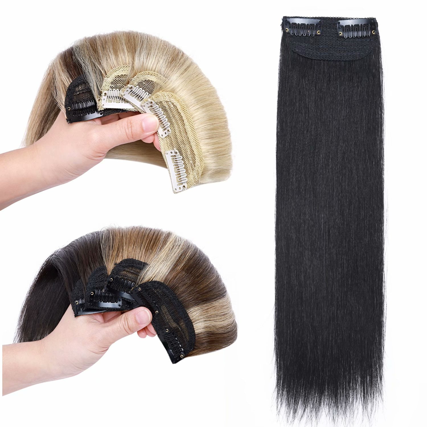 Benehair Clip in 100% Remy Human Hair Extensions Fluffy Hair Pad Invisible Hairpiece Topper Thickened Soft Thin Hair Black 3 Pieces
