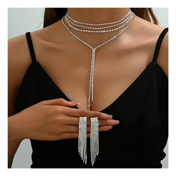 HUANLEDASH 2 Pcs/Set Women Necklace Earrings Set for Formal Banquet And Prom Multi-layered Tassel Rhinestone Adjustable Chain Wedding Bride Star Celebrity Jewelry Set