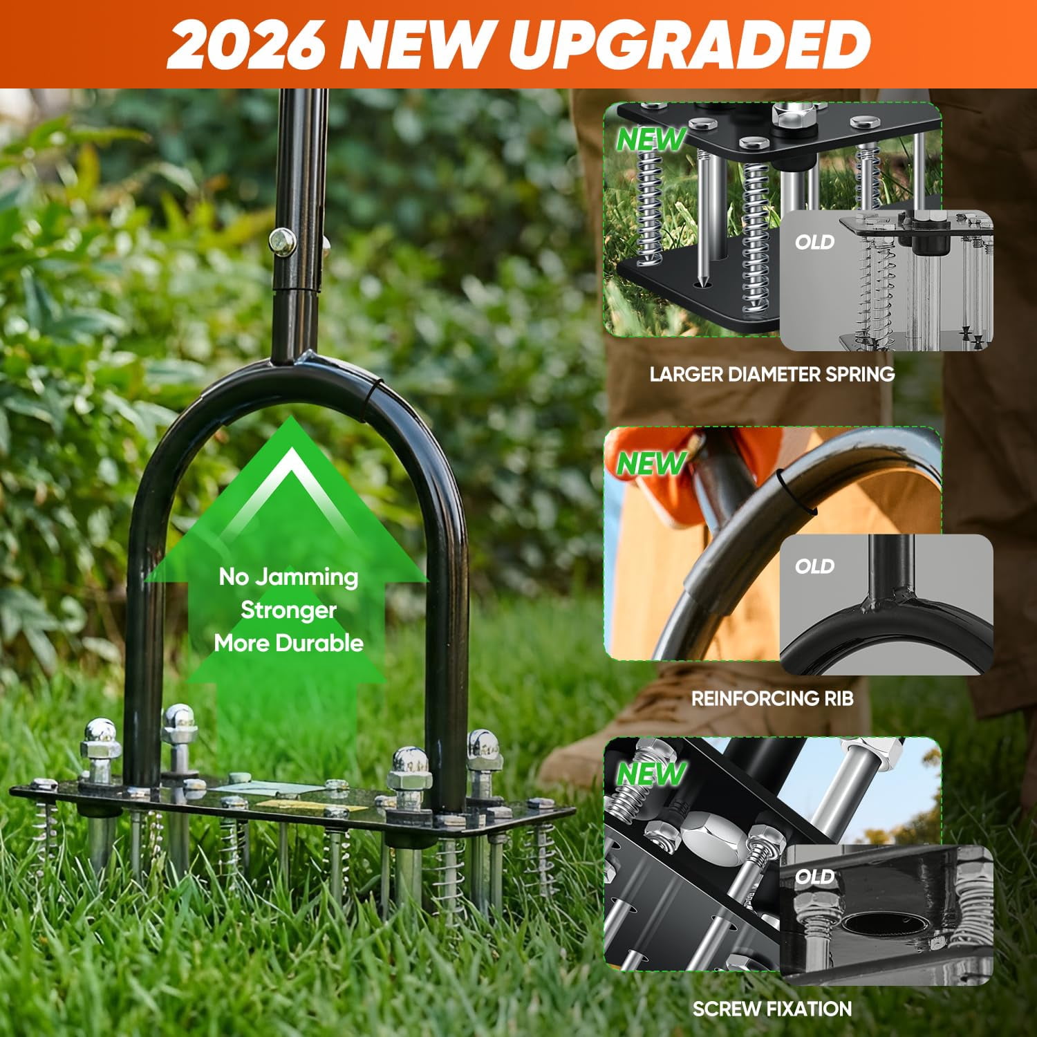 Manual Lawn Aerator Tool  With 15 Iron Spikes Adjustable Height Double-layer Spring Heavy-duty Gloves For Loosening Soil Aerating Patio Yard Garden Orange