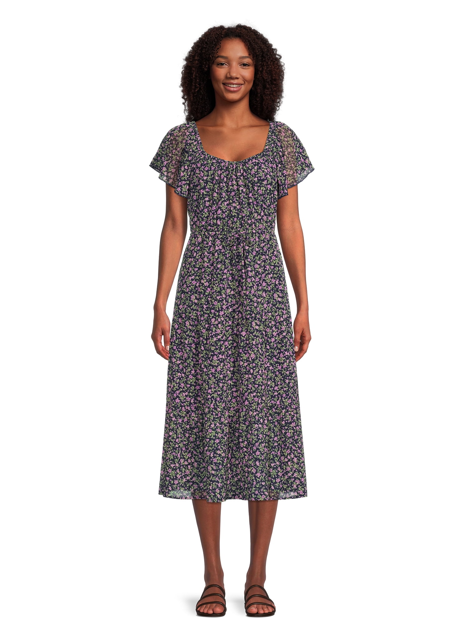 Time and Tru Women's Flutter Sleeve Tiered Dress