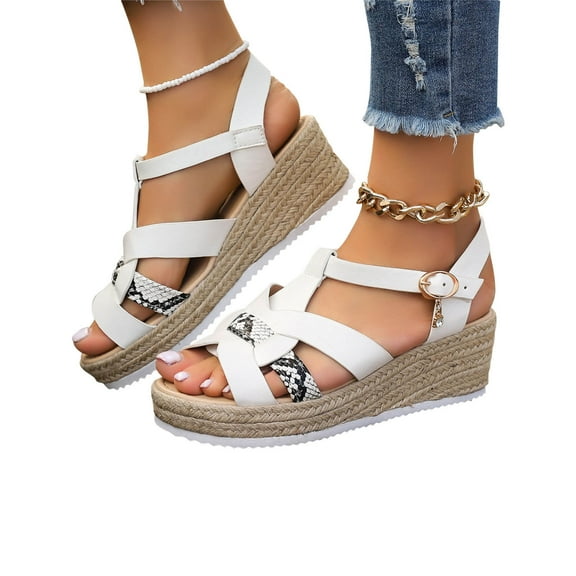 Nrmvnmi Women's Wedge Espadrille Sandals Summer Open Toe Large Size Outdoor Casual Snake Pattern Buckle Sandals Beach Shoes White Mothers Day Gifts