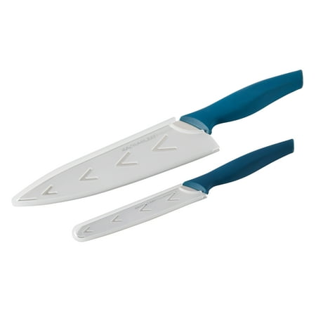 Hardened Steel Knife Rachael Ray Cutlery 2-Piece Japanese Stainless Steel Chef and Utility Knife Set with Marine Blue Handles and Sheaths ()