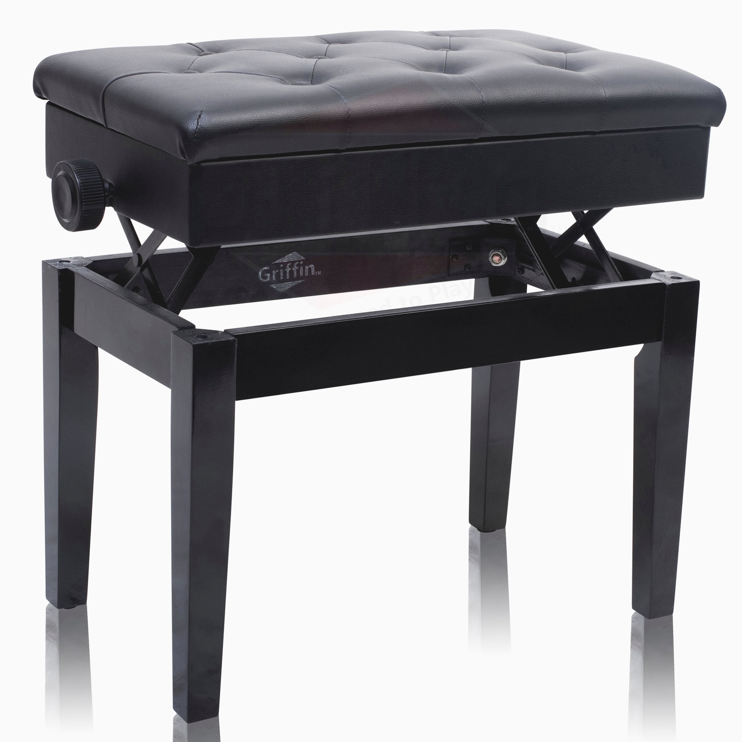 Griffin Antique Piano Bench Adjustable Black Solid Wood Frame & PU Leather Padded Cushion Vintage Ergonomic Musicians Keyboard Chair Guitar Stool, Home Vanity Bench Sheet Music Storage