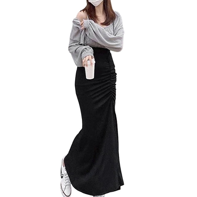VISgogo Vestido de cola de pez para mujer, falda hasta el tobillo de color sólido, vestido fruncido de cintura alta, S / M / L VISgogo moda