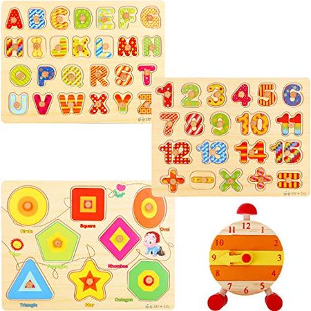 Wooden Peg Puzzles for Toddlers – (Pack of 3 with Stackable Learning Clock)