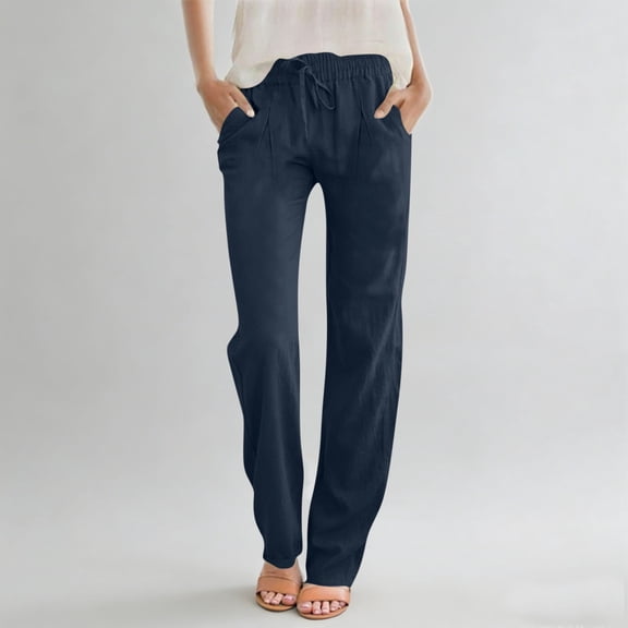 ClodeEU Cotton Linen Pants for Women ,Casual Drawstring Elastic High Waist Loose Comfy Trousers with Pockets Navy,Womens Plus XXL