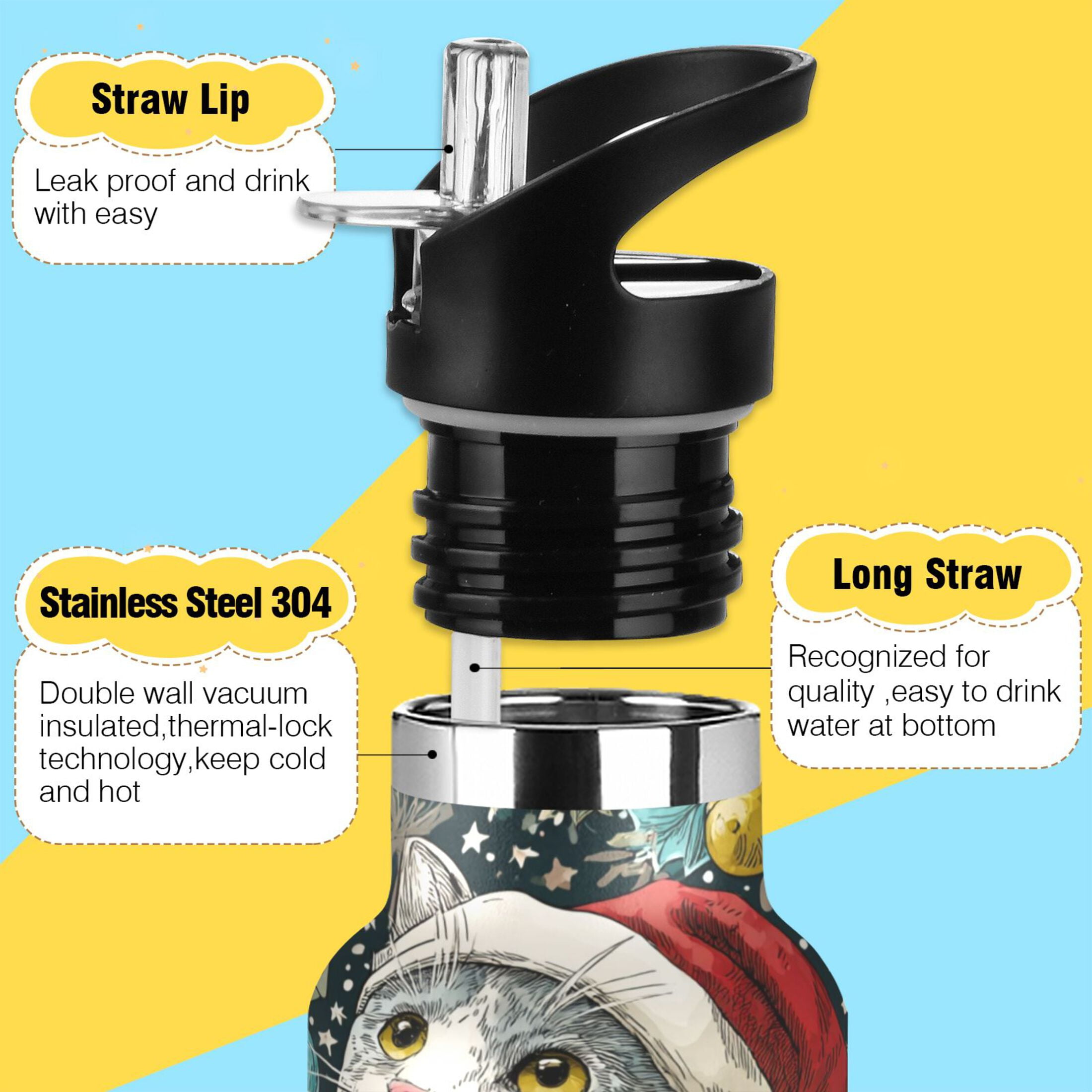 600ML Stainless Steel Insulated Cup Sports Water Bottle Portable Thermos Cup Water Glasses Insulated Tumblers Convenient and Durable Magical Christmas Cartoon Cat