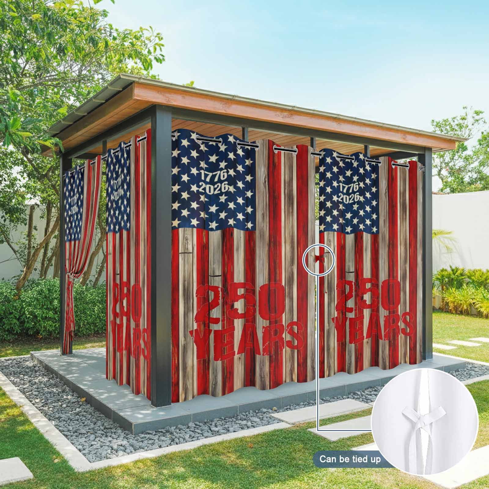 America Years Outdoor Curtains for Patio, Independence Day Patriotic Red Blue Flag Wood Grain Sunshade Privacy Drapes Grommet Waterproof Outside Curtains for Porch/Cabana/Balcony 54"x 108", 1 Panel