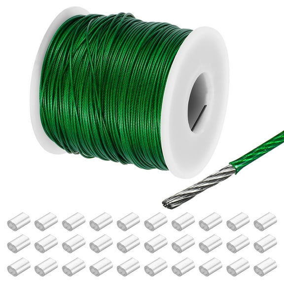 328Ft Wire Rope 304 Stainless Steel Cable 1/32" Vinyl Coated with 30pcs Aluminum Sleeves Green