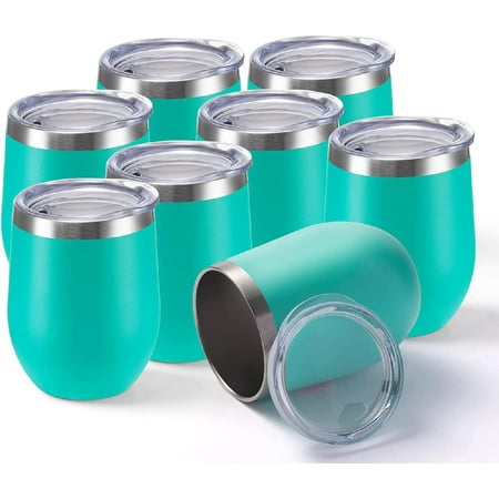 

8 Pack Stainless Steel Wine Tumbler with lid. 12OZ Stemless Double Wall Insulated Wine Tumbler.Wine Glass is suitable for different scenes parties outdoor gifts and so on.(Light Green 8)