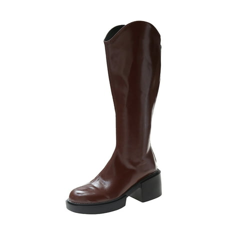 

XINSHIDE Female Knee Boots Female Fashion Solid Leather Single Boots Back Zipper Chunky High Heel Boots Fashion Shoes
