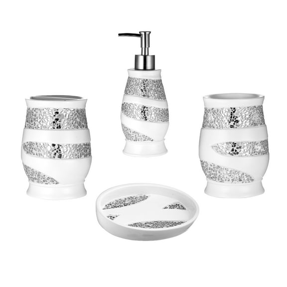 Bath Accessory 4PC Set Lotion/Soap Pump, Toothbrush Holder, Tumbler and Soapdish (White)