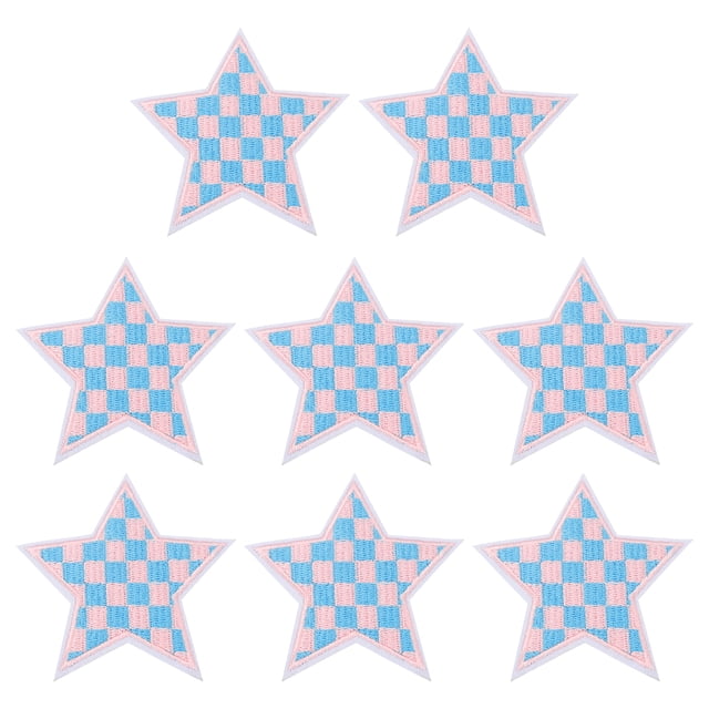 Uxcell 8 Pcs Parche Bordado en Forma de Estrella a Cuadros para Planchar, Aplicaciones para Coser en Chaquetas, Colección de Ropa, Vestidos, Sombreros, Jeans, Accesorio DIY, Azul Claro/Rosa Claro