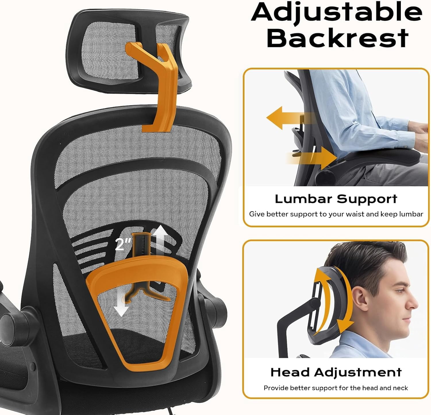 Ergonomic Office Chair, Computer Desk Chair Comfy with Flip-Up Armrests, High Back Mesh Desk Chair with Wheels,Comfortable Armchair for Home Office, Bedroom, Study,Black