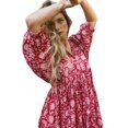 thumbnail image 2 of Womens Loose Fit Casual Summer V Neck Lace-Up Half Sleeve Bohemian Geometric Pattern Midi Dresses Red L, 2 of 9