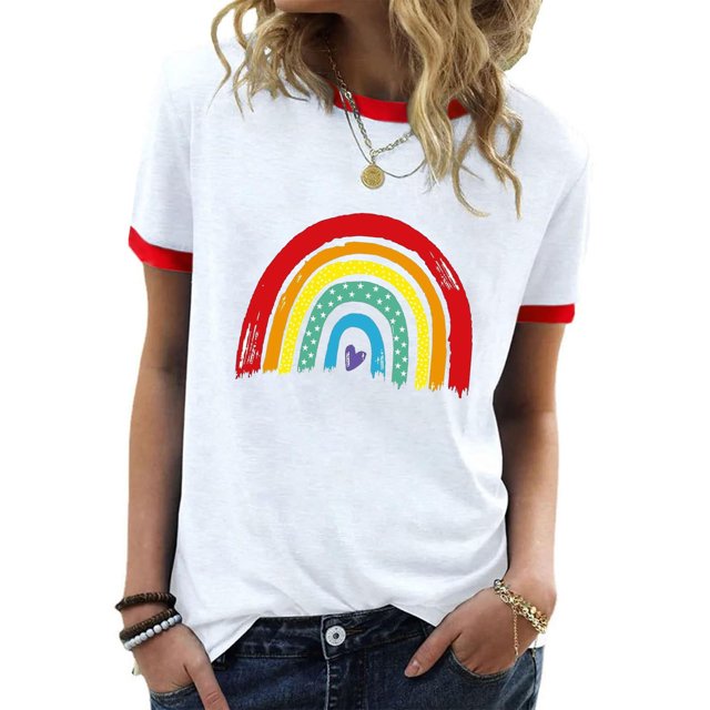 Offre à Durée Limitée Iumwxz Tunique Décontractée à Garniture Côtelée Coupe Classique T-Shirt T-Shirts Chemises pour Femmes Imprimé Arc-en-Ciel Blouse Manches Courtes Col Rond Tuniques Hauts pour Dames Articles en Liquidation Costume