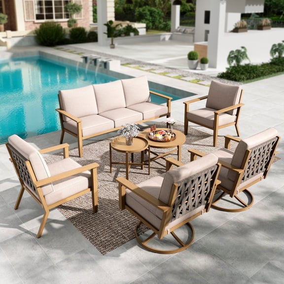 Summit Living 7-Seat Woven Rope Outdoor Patio Furniture Sets, Wood-Grain Metal Outdoor Patio Conversation Set with Swivel Chairs & Nesting Coffee Table, Beige