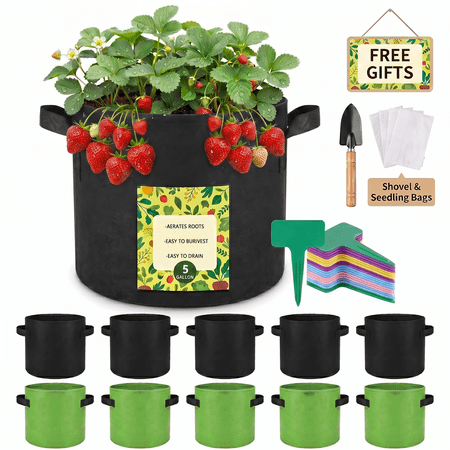 5 Gallon Grow Bags 10 Pack Nonwoven Planting Fabric Pots with Handles 5 Black + 5 Green Reusable Nursery Pots with Plant Labels & Small Trowel for Vegetables & Flowers