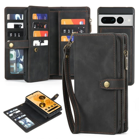 Dteck for Google Pixel 7 Wallet Case with Card Holder, Detachable Magnetic Phone Case with Zipper Pocket PU Leather Wallet Phone Case for Pixel 7 for Women Men with Wrist Strap,Black