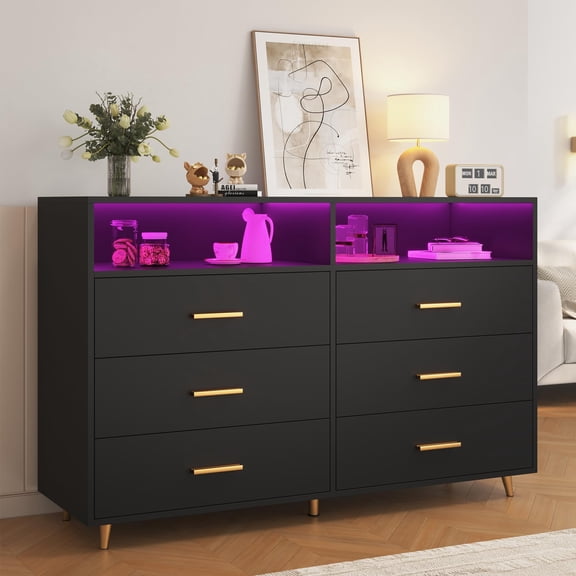 Zocalo Cómoda de 6 Cajones con Luz LED, Diseño Moderno para Dormitorio - Nergo