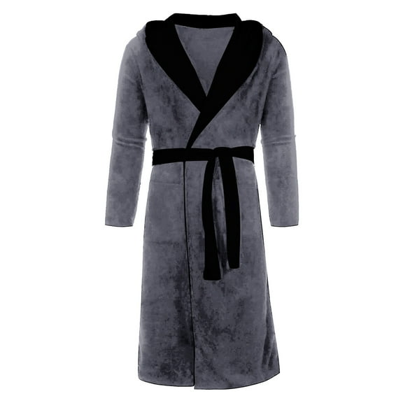 Men's Winter Plush Lengthened Shawl Bathrobe Home Clothes Thicken Hooded Robe Grey XL