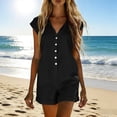 thumbnail image 5 of Women's Short Cuffed Sleeve Utility Rompers Elastic Waist Button Down Cotton Pocketed Jumpsuit Black M(M), 5 of 6