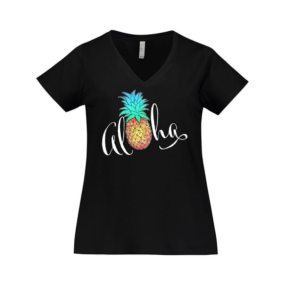 Inktastic Aloha- in cursive with pineapple rainbow colors Women's Plus Size V-Neck T-Shirt
