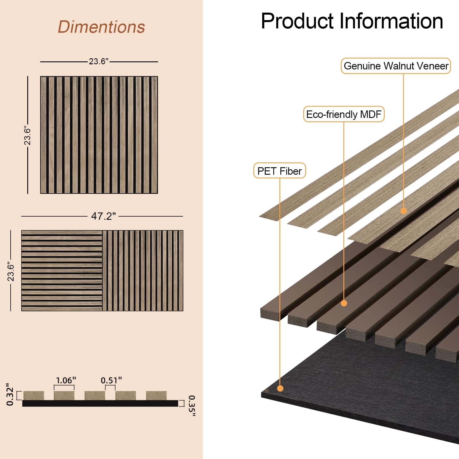UNISOAR 23.6" x 23.6" Genuine Wood Veneer Acoustic DIY Wall Panels 3D Slat Decorative (4 Pcs)