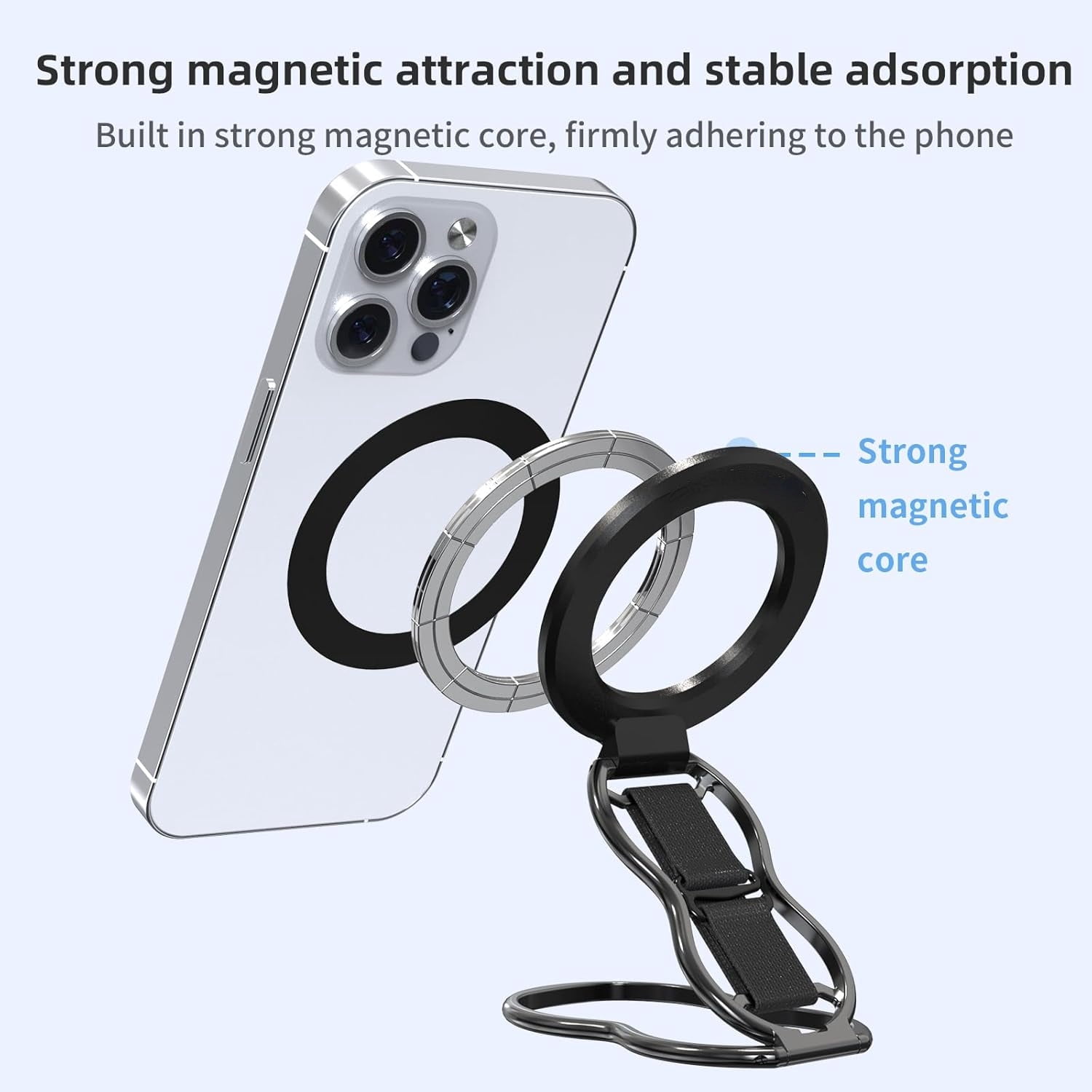 Maxxmarket-Magnetic-Phone-Grip-Stand-with-Finger-Strap, 4-in-1 Magnetic Ring Holder, Kickstand and Elastic Strap for Phones, Universal Fit for iPhone 17/16/15/14/13/12, Android, and Cases (Black)