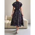 thumbnail image 2 of Navy Blue Floral Print Ruffle Sleeve Wrap High-Low Maxi Dress For Women, 2 of 8