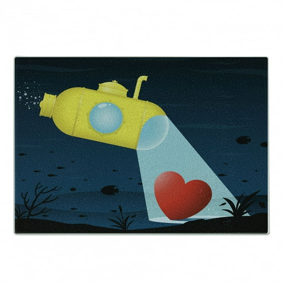 Yellow Submarine Cutting Board, Illustration of a Underwater Submarine Finding a Heart Romance Image, Decorative Tempered Glass Cutting and Serving Board, Small Size, Yellow Dark Blue, by Ambesonne