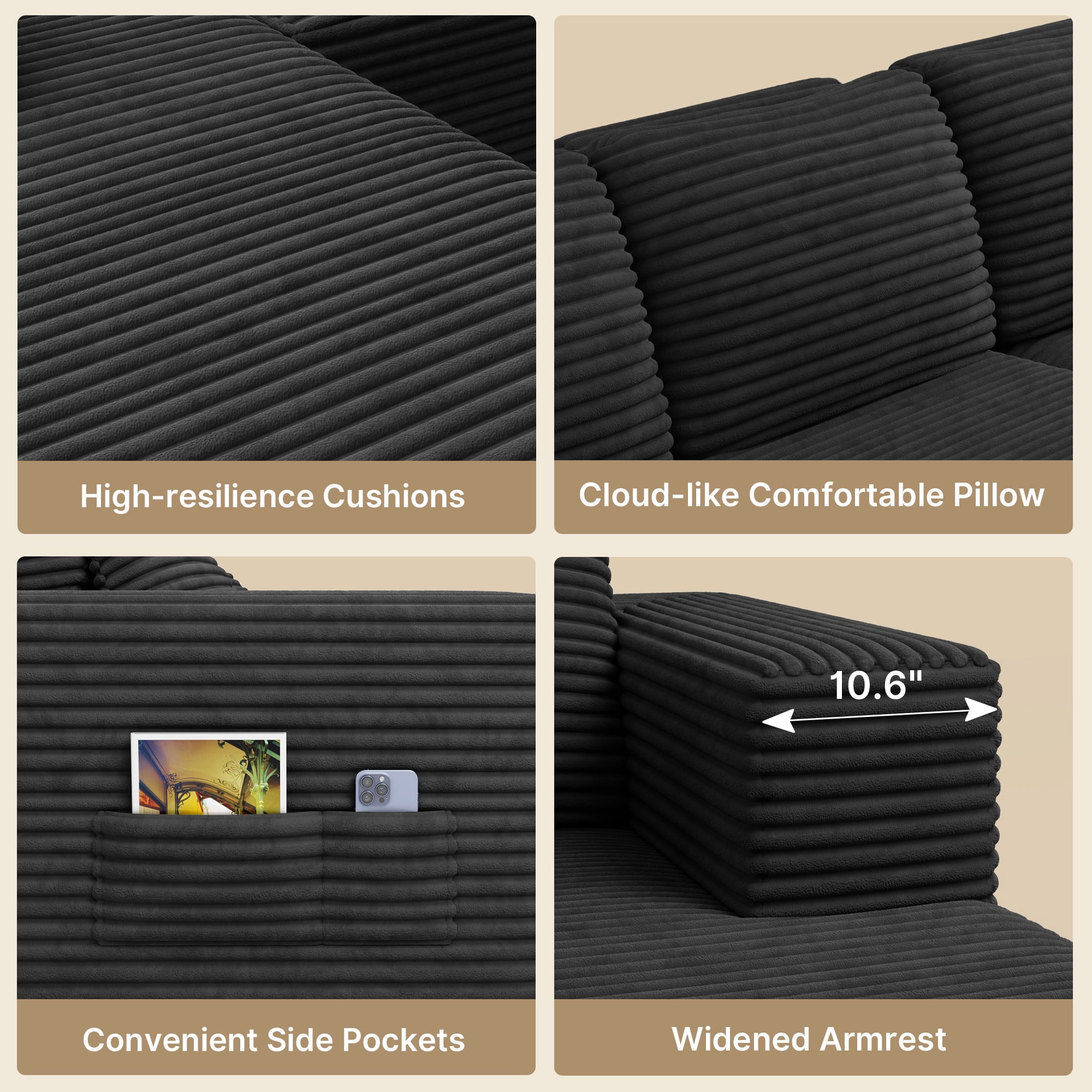 Lofka 105" L-Shaped Sectional  Sofa, 4-in-1 Modular Sofa Bed with Deep Seat, No Assembly Velvet for Living Room Office, Black