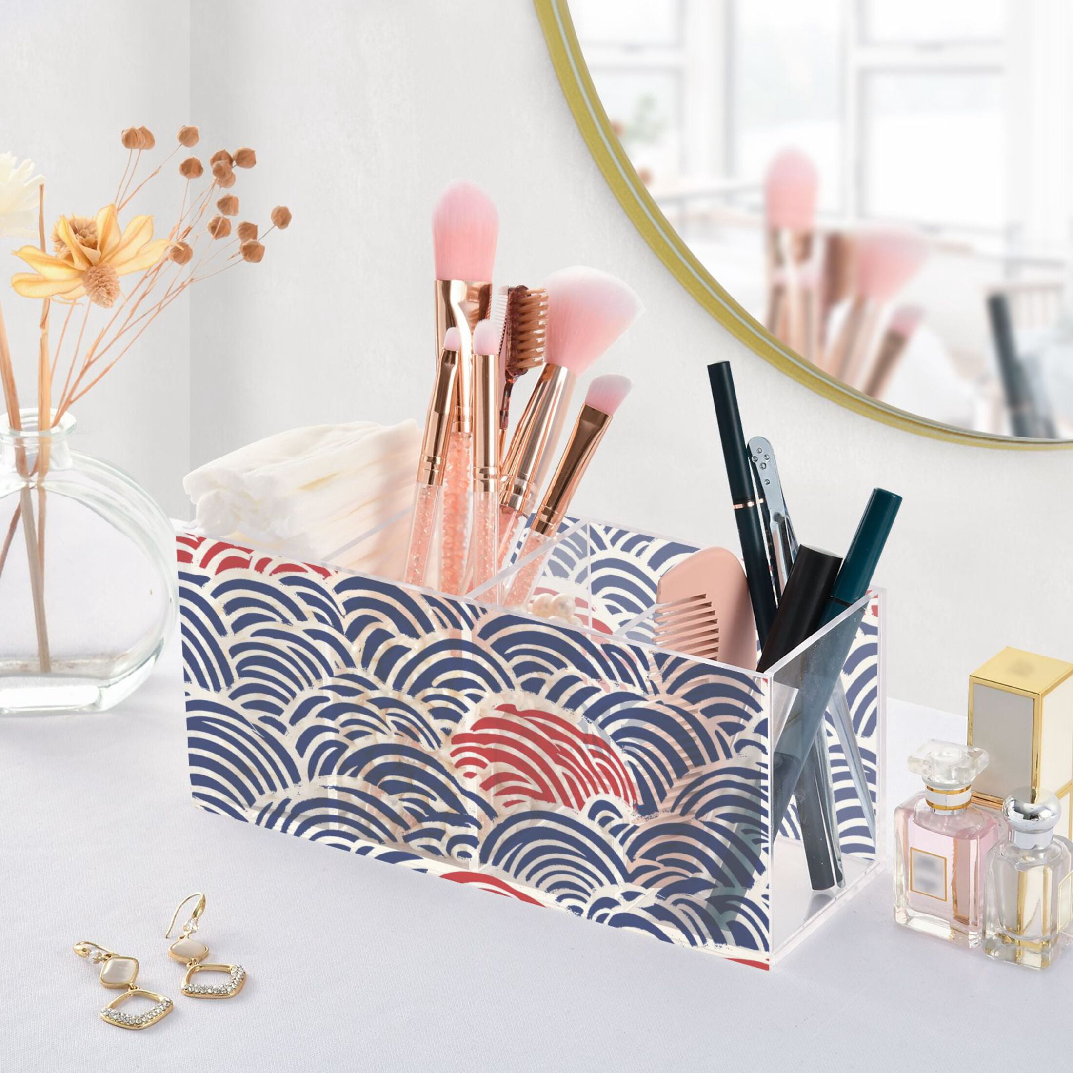 Pen Holder 4 Compartments Acrylic Pencil Cup Desktop Makeup Organizer Office Supplies Red Blue Japanese Wave