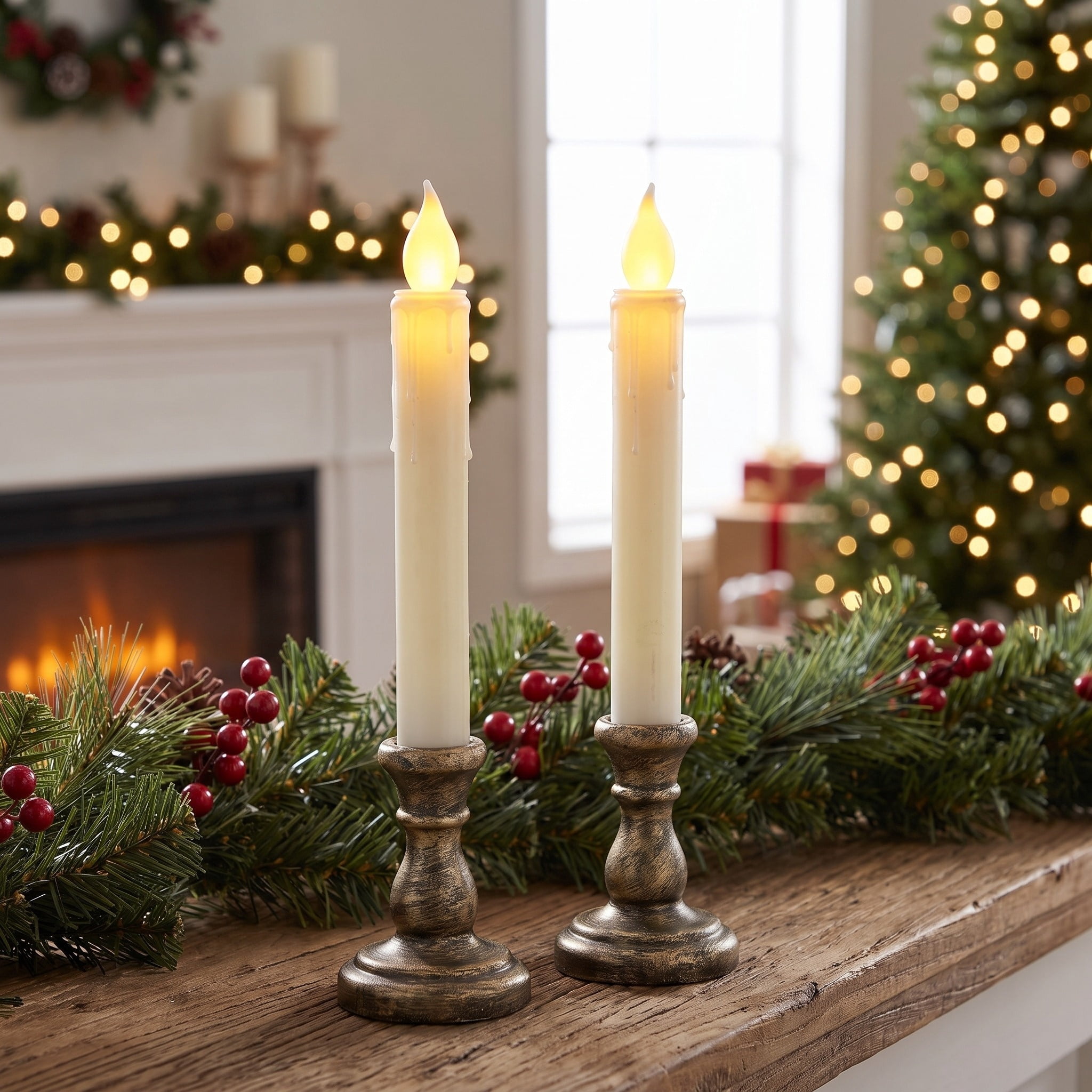 Indoor Battery-Operated LED Flameless Christmas Taper Candle Lamps, Yellow, 9.5", 2 Count, by Holiday Time