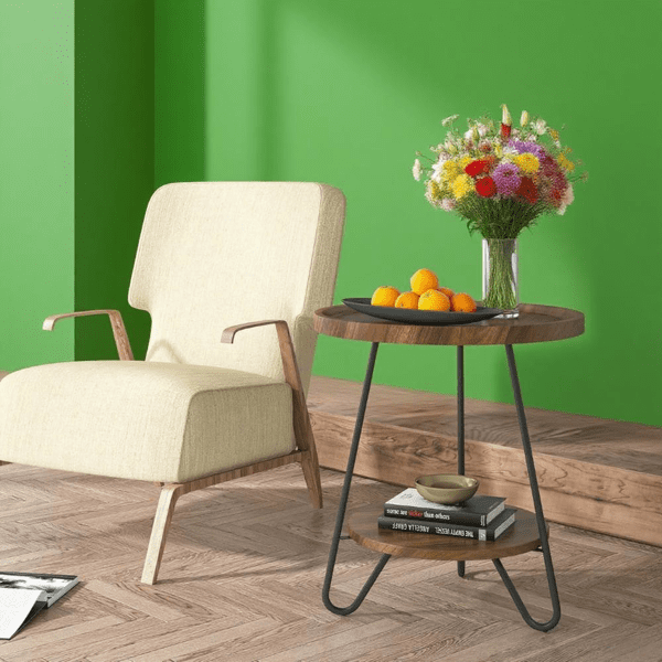 Round End Table with Lower Shelf, 20 inch Industrial Side Table for Living Room, Bedroom - Light & Dark Color Options, 70lbs Capacity