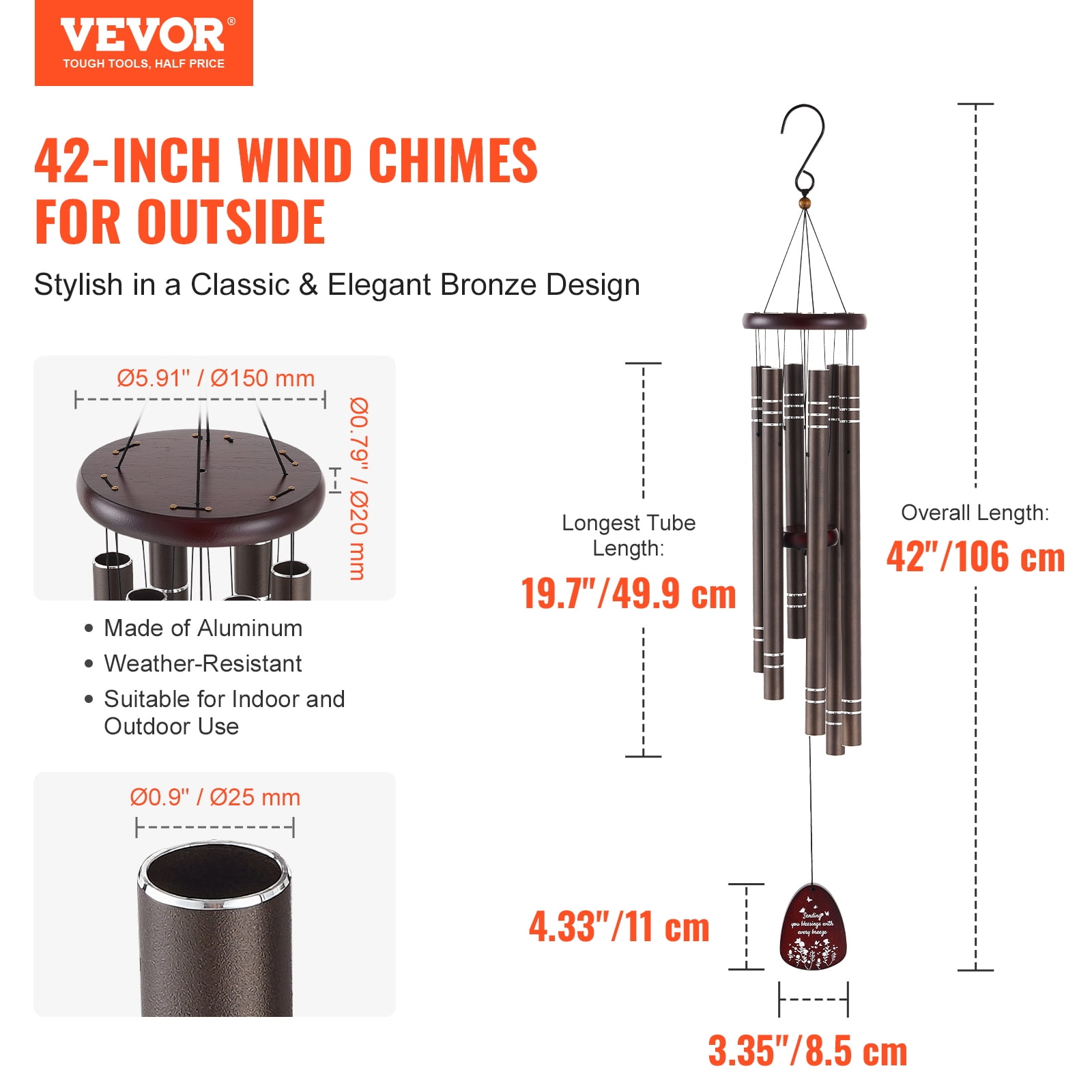 VEVOR Wind Chimes for Outside, 42",Deep Tone Wind Chimes with 6 Tubes, Unique Large Memorial Wind Chimes for Anniversary, Amazing Outdoor Decor for Your Patio, Porch, Garden and Backyard, Dark Brown