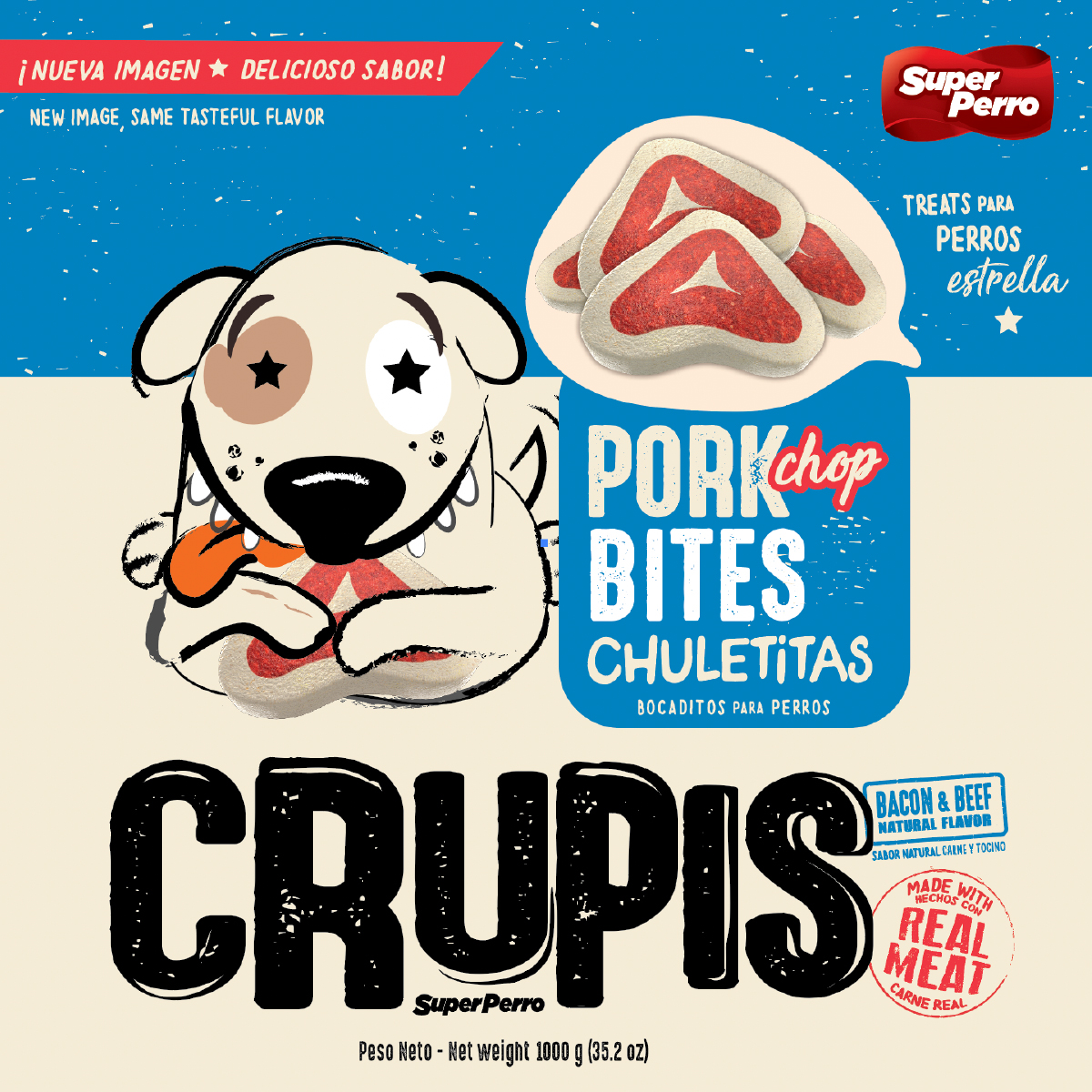 (4 pack) Crupis Dog Treats Chuleta Pork Chop Flavored For All Types of Dogs 2.2lbs Indivdual Plastic Canister