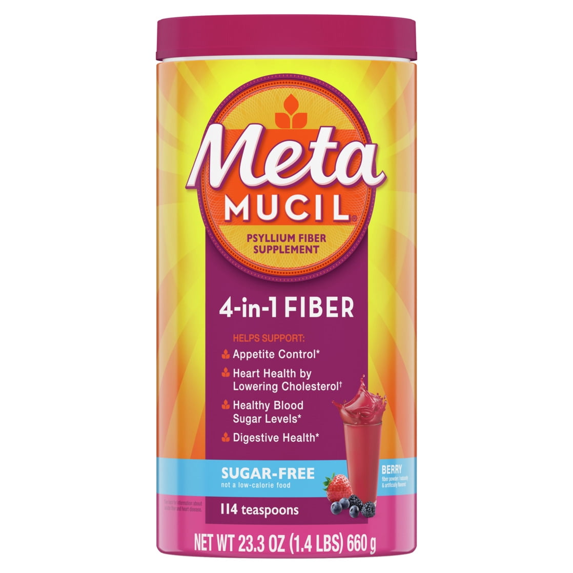Metamucil Fiber Supplement, Sugar-Free, 4-in-1 Fiber Powder, Berry, 114 Servings