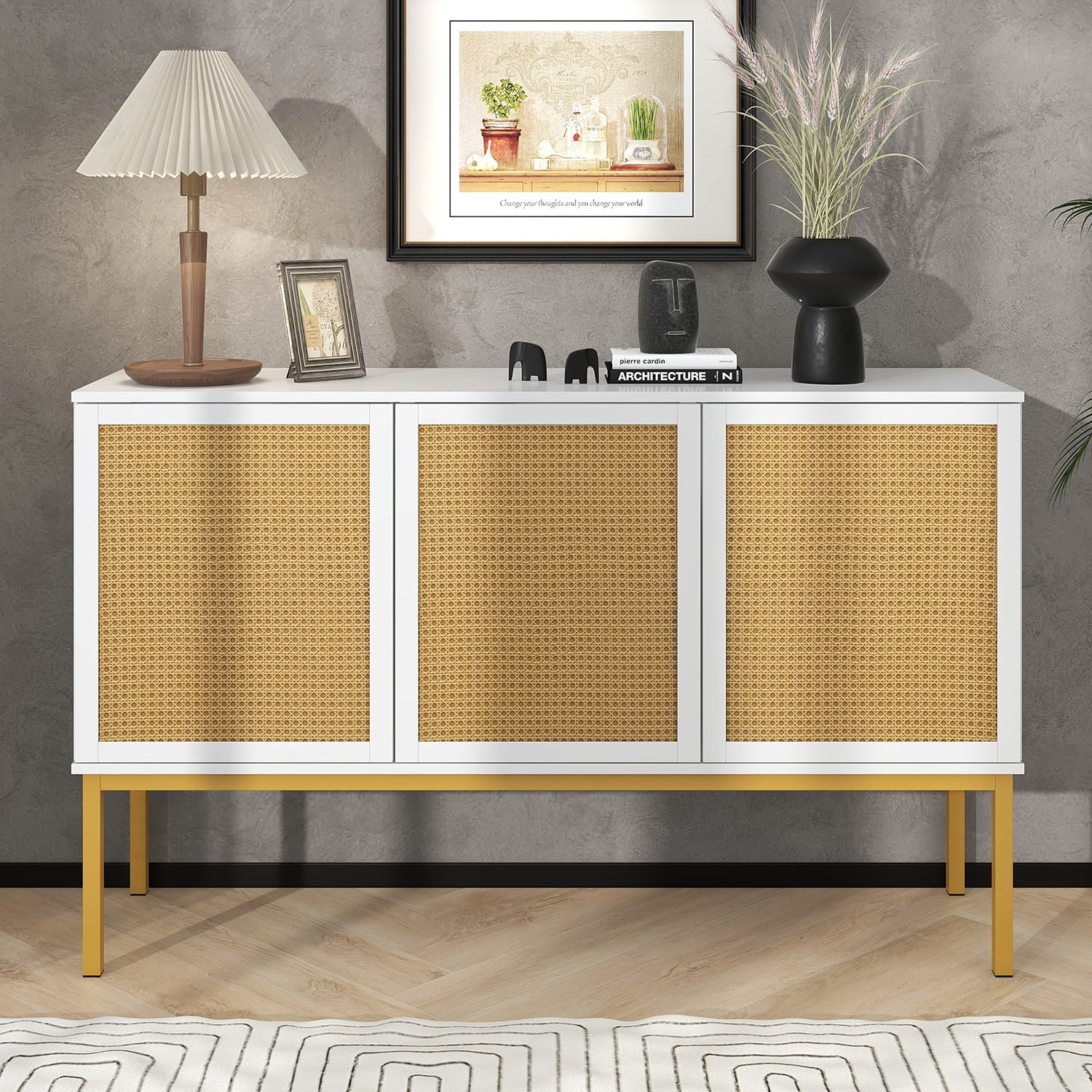 Kadyn 54" Sideboard Buffet Cabinet, Sideboard Storage Cabinet with Artificial Rattan Door and Rebound Device for Entryway, White Kadyn 54" Sideboard Buffet Cabinet, Sideboard Storage Cabinet with Artificial Rattan Door and Rebound Device for Entryway, White