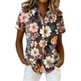 thumbnail image 2 of Women Hawaiian Beach Shirt Soft Cool Tropic Print Short Sleeve V Neck Button Down Vacation Tops Black L, 2 of 5