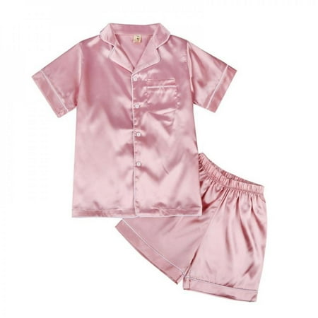 

Clearance! 2 Pieces Kids Summer Silk-like Pure Color Sleepwear Set Button-up Short Sleeve Blouse Tops+sleep Pants Kids Girls Boys Nightwear