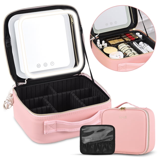 Graflsoa Organisateur de Maquillage Portable à DEL avec Éclairage Réglable, Miroir et Batterie Rechargeable - Design Rose Compact avec Multiples Compartiments pour Cosmétiques et Essentiels de Soins de la Peau