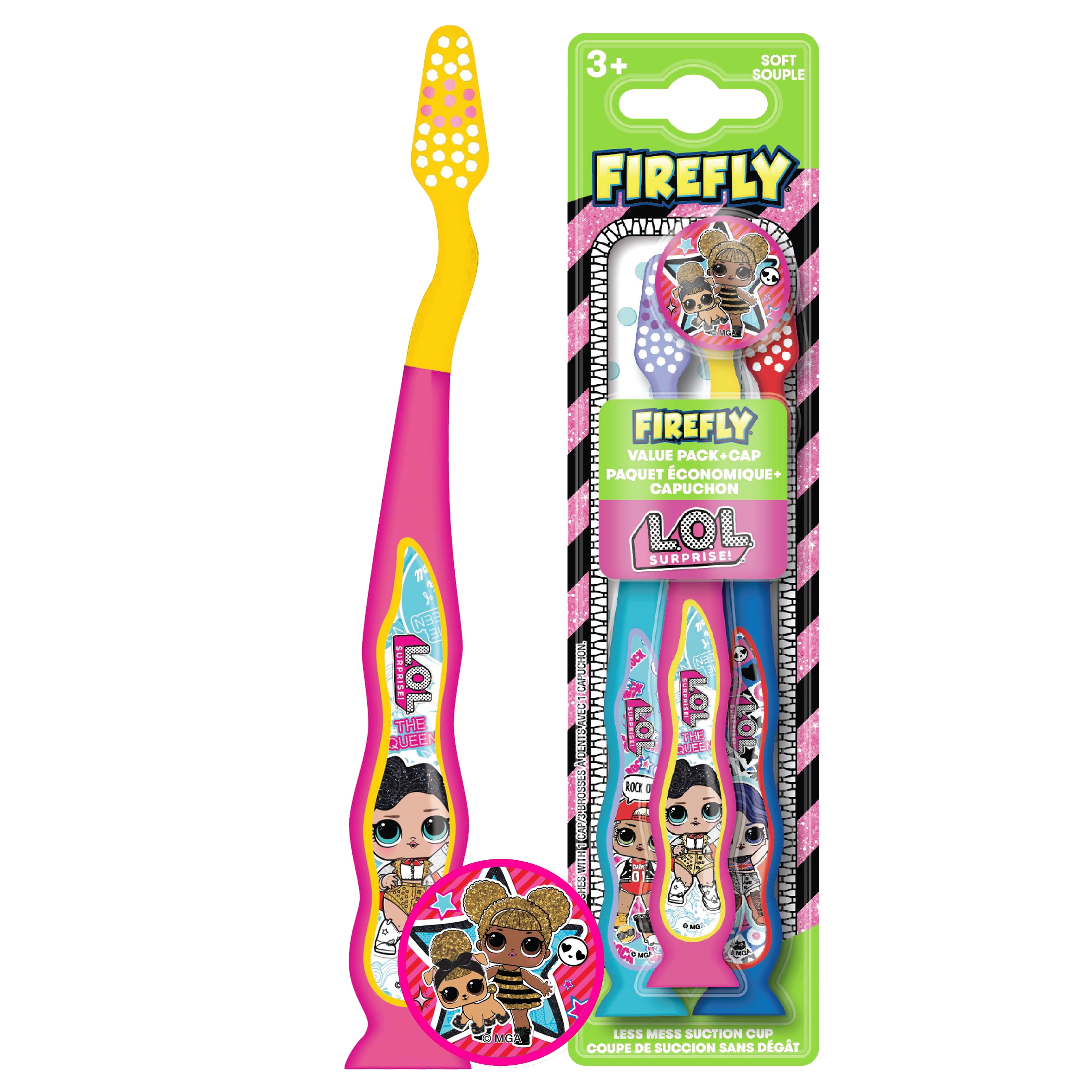 Firefly L.O.L. Surprise 3ct Value Pack Toothbrushes with Suction Cup and Toothbrush Cap